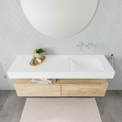 MONDIAZ ALAN 150cm - meuble bas - chêne vieilli - 2 tiroirs - lavabo suspendu - vasque à droite - 0 trous de robinet - talc