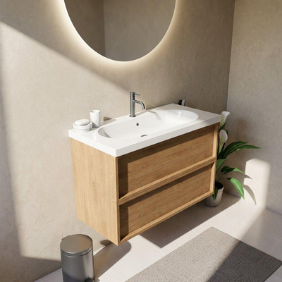 Saniclass Holz Frame Ensemble meuble de salle de bains - 100x45x63.5cm - lavabo en céramique Palermo blanc - 1 vasque - 1 trou de robinetterie - 2 tiroirs - chêne natural mat (bois)