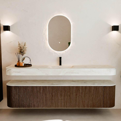 MONDIAZ THOR-DLUX 200cm meuble de salle de bains arrondi gauche + droite couleur Walnut avec 2 tiroirs et 2 portes. Vasque suspendue CLOUD Milieu 1 trou de robinet couleur Ostra.