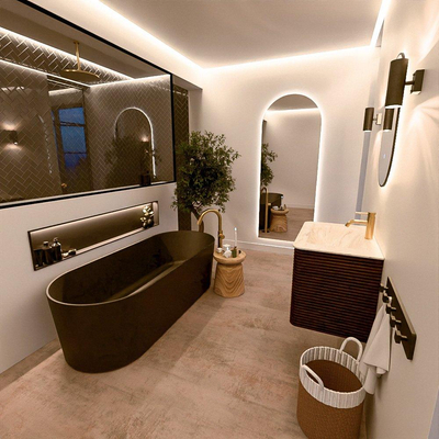 Mondiaz CIRO-DLUX Badkamermeubelset - 70x45x50cm - Solid surface wastafel Ostra - 1 wasbak Midden - 1 kraangat - 2 lades - Walnut