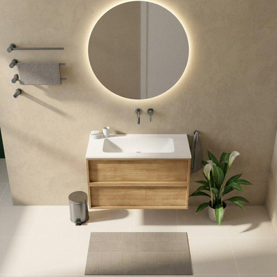 Saniclass Holz Frame Ensemble de meubles de salle de bains - 100x45x77.5cm - lavabo Torino en solid surface blanc - sans trou de robinet - 2 tiroirs - chêne natural mat (bois)