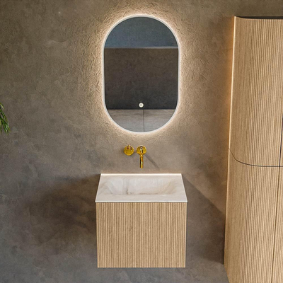 MONDIAZ KURVE-DLUX Meuble de salle de bains 50cm couleur Oak avec 1 tiroir. Lavabo GRUNNE centré sans trou de robinet couleur Frappe.