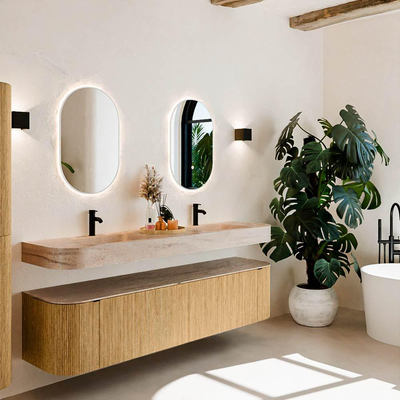 MONDIAZ THOR-DLUX Meuble de salle de bains 190cm arrondi gauche + droite couleur Oak avec 2 tiroirs et 2 portes. Vasque suspendue CLOUD Double 2 trous de robinet couleur Saba.