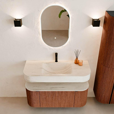 MONDIAZ THOR-DLUX 110cm meuble de salle de bains arrondi gauche + droite couleur Ruby avec 1 tiroir et 2 portes. Vasque suspendue CLOUD Milieu 1 trou de robinet couleur Meli.