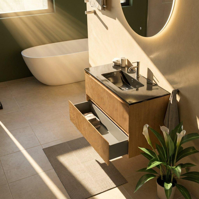 Saniclass Holz Atelier Ensemble meuble de salle de bains - 100x45x62cm - Lavabo Vygo en céramique noir - 1 vasque - 1 trou de robinetterie - 2 tiroirs - chêne natural mat (bois)