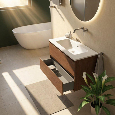 Saniclass Holz Pure Ensemble de meubles de salle de bains - 100x45x77.5cm - lavabo Torino en solid surface blanc - sans trou de robinet - 2 tiroirs - noyer pure mat (bois)