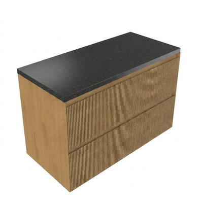Saniclass Holz Atelier Ensemble meuble de salle de bains - 100x45x63cm - plan vasque en basalte Noche poli (noir) - sans trou de robinet - 2 tiroirs - chêne natural mat (bois)