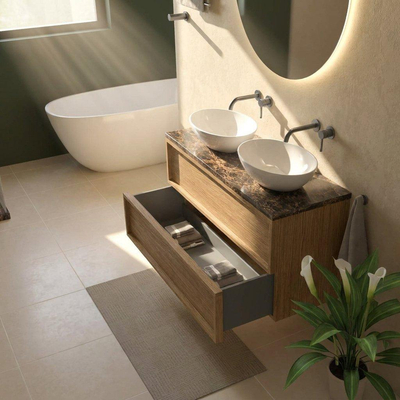 Saniclass Holz Frame Ensemble meuble de salle de bains - 120x45x63cm - Plan de travail en pierre naturelle Noche dark emperador - sans trou de robinet - 2 tiroirs - chêne natural mat (bois)