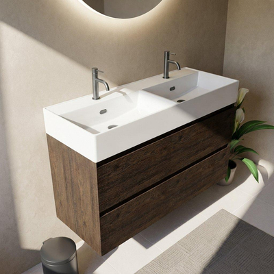 Saniclass Holz Pure Ensemble de meubles de salle de bains - 120x45x72cm - lavabo Legend en céramique blanc - 2 vasques - 2 trous de robinetterie - 4 tiroirs - chêne charcoal mat (bois)