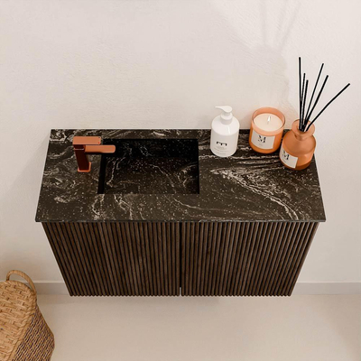 Mondiaz JOYA-DLUX 60cm toiletmeubel - kleur Walnut - Wastafel FAYE positie Links 1 kraangat kleur Lava.