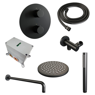 BRAUER Black Carving douche thermostatique encastrée - 3 voies - rond - ensemble 75 - douche principale de 20 cm - bras de mur courbé - douchette à main - flexible de douche - coude mural - noir mat