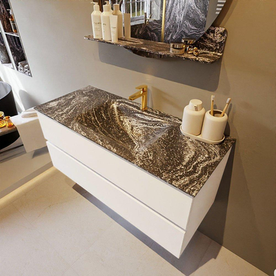 Mondiaz VICA-DLUX ensemble de meuble de salle de bain - 110cm - meuble sous lavabo talc - 2 tiroirs - lavabo encastré cloud milieu - 1 trou de robinet - miroir modèle spot - version XL 60cm haut - lave