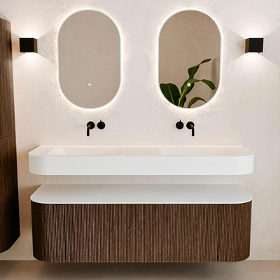 MONDIAZ THOR 150cm meuble de salle de bains arrondi gauche + droite couleur Walnut avec 1 tiroir et 2 portes. Vasque suspendue CLOUD Double sans trou de robinet couleur Talc.
