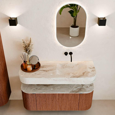 MONDIAZ THOR-DLUX 120cm meuble de salle de bains arrondi gauche + droite couleur Ruby avec 1 tiroir et 2 portes. Vasque suspendue CLOUD Droite sans trou de robinet couleur Frappe.