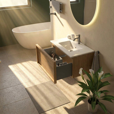 Saniclass Holz Frame Ensemble de meuble de salle de bains - 80x45x42cm - lavabo Vygo en céramique blanc - 1 vasque - 1 trou de robinet - 1 tiroir - chêne naturel mat (bois)