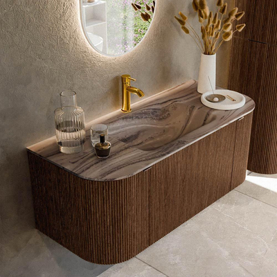 MONDIAZ KURVE-DLUX 110cm badmeubel ronding Links + Rechts kleur Walnut met 1 lade en 2 deuren. Wastafel CLOUD Midden 1 kraangat Sombra.