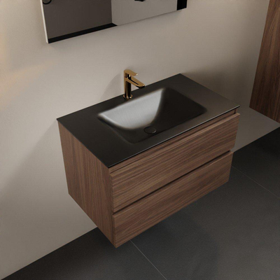 Mondiaz AIVY Ensemble de meuble - 80x45x50cm - 1 trou de robinet - 1 vasque Urban Solid surface - Centre - 2 tiroirs - avec miroir - Melamine Mocha