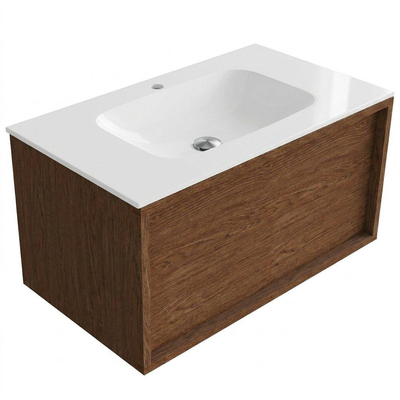 Saniclass Holz Frame Ensemble de meubles de salle de bains - 80x45x41.5cm - Flow lavabo en solid surface blanc - 1 vasque - 1 trou de robinetterie - 1 tiroir - walnut pure mat (bois)