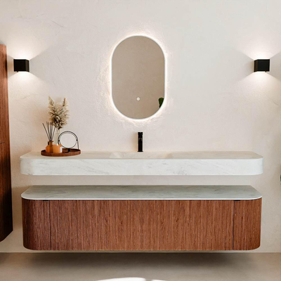 MONDIAZ THOR-DLUX Meuble de salle de bains - 190cm - arrondi gauche + droite - couleur Ruby - 2 tiroirs et 2 portes - Vasque suspendue CLOUD Milieu 1 trou de robinet - couleur Opalo