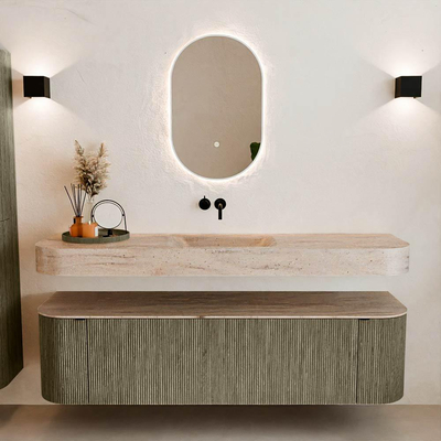 MONDIAZ THOR-DLUX Meuble de salle de bains 170cm arrondi gauche + droite couleur Shadow avec 1 tiroir et 2 portes. Vasque suspendue CLOUD Milieu sans trou de robinet couleur Saba.