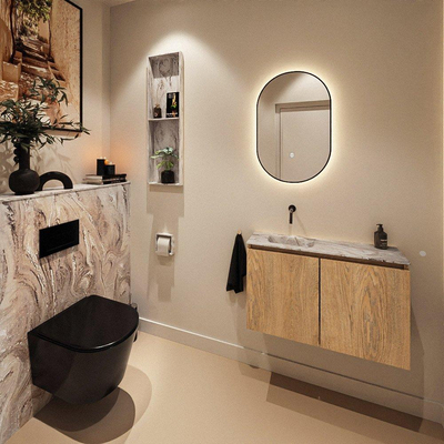 MONDIAZ TURE-DLUX Meuble toilette - 80cm - Washed Oak - EDEN - vasque Glace - position gauche - sans trou de robinet