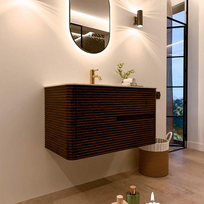 Mondiaz CIRO-DLUX Badkamermeubelset - 90x45x50cm - Solid surface wastafel Meli - 1 wasbak Midden - 1 kraangat - 2 lades - Walnut