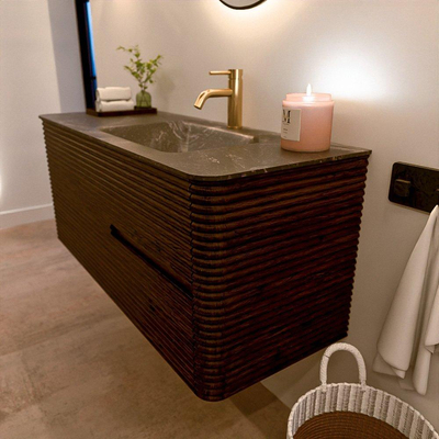 Mondiaz CIRO-DLUX Badkamermeubelset - 120x45x50cm - Solid surface wastafel Lava - 1 wasbak Rechts - 1 kraangat - 2 lades - Walnut