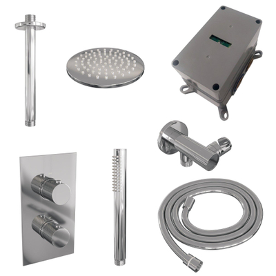 Ensemble de douche à encastrer Brauer Chrome Carving - douche principale 20cm - bras plafond 20cm - 2 fonctions - incluant partie encastrable - douchette à main 1 fonction - chrome