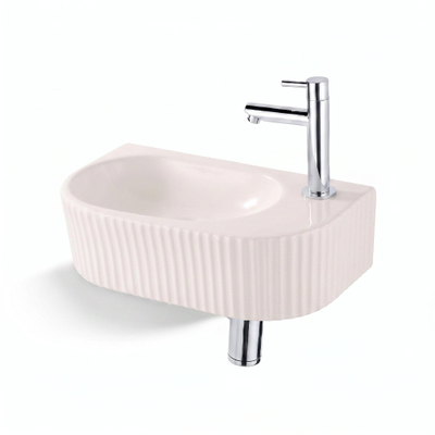QeramiQ Fuente Fontein - 40x22x12cm - ribbel - halfrond - fonteinkraangat rechts - keramiek - fonteinkraan chroom - verlaagd sifon - afvoerplug - linnen