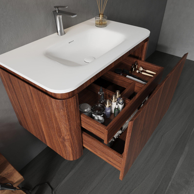 Saniclass Terra Badkamermeubelset - 80cm - 2 lades - solid surface wastafel - 1 wasbak - 1 kraangat - afgeronde hoeken - kastanje (walnoot)