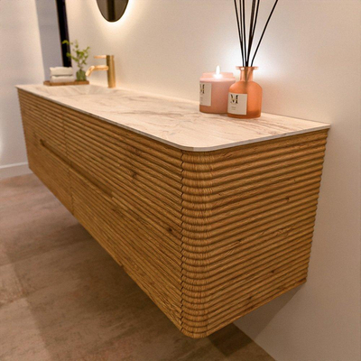 Mondiaz CIRO-DLUX Ensemble de meubles de salle de bains - 180x45x50cm - Plan vasque solid surface Frappe - 1 lavabo gauche - 1 trou de robinet - 4 tiroirs - Chêne