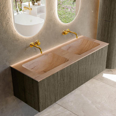 MONDIAZ KURVE-DLUX Meuble de salle de bains 130 cm couleur Shadow avec 2 tiroirs et 0 porte. Lavabo LEAF Double sans trou de robinet Saba.