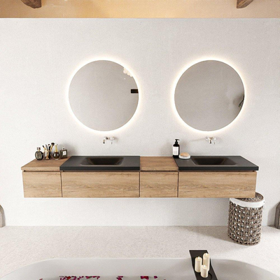 MONDIAZ BUKLA 240cm ensemble de meuble avec module 40 à droite couleur Chêne blanchi avec 4 tiroirs. Lavabo CLOUD double 0 trou de robinet couleur Urbaine.