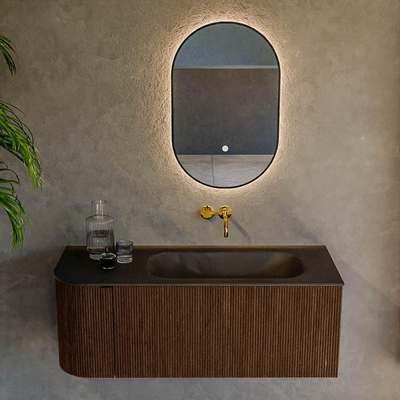 MONDIAZ KURVE 115cm badmeubel met module 25 L kleur Walnut met 1 lade en 1 deur. Wastafel BIG SMALL rechts zonder kraangat Urban.