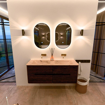 Mondiaz CIRO-DLUX Meuble de salle de bains - 130x45x50cm - Plan vasque solid surface Arena - 2 vasques double - sans trous de robinet - 4 tiroirs - Noyer