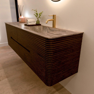 Mondiaz CIRO-DLUX Badkamermeubelset - 170x45x50cm - Solid surface wastafel Sombra - 1 wasbak Rechts - 1 kraangat - 4 lades - Walnut