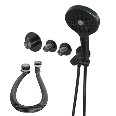 Brauer Gunmetal Carving Robinet baignoire thermostatique avec douchette ronde 3 jets et support Gunmetal brossé PVD