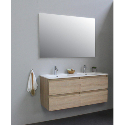 Basic Line Bella Badkamermeubelset - 120x55x46cm - 2 wasbakken - Keramiek - Wit - 2 kraangaten - Wandspiegel zonder verlichting - Spaanplaat Eiken