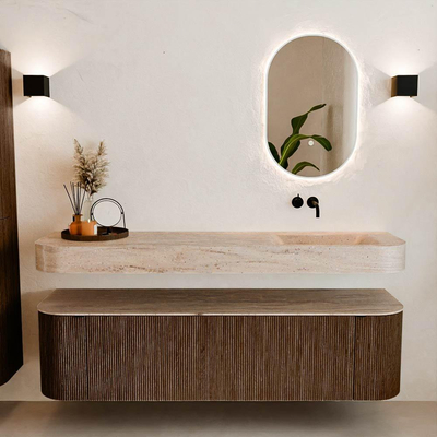 MONDIAZ THOR-DLUX 170cm badmeubel ronding links + rechts kleur Walnut met 1 lade en 2 deuren. Vrijhangende wastafel CLOUD Rechts zonder kraangat kleur Saba.