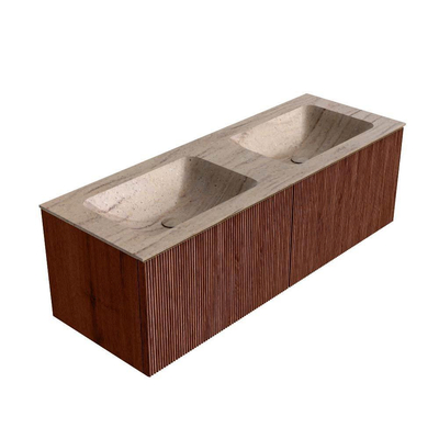 MONDIAZ KURVE-DLUX Meuble de salle de bains 130 cm couleur Ruby avec 2 tiroirs et 0 porte. Plan vasque LEAF Double 2 trous de robinet Saba.