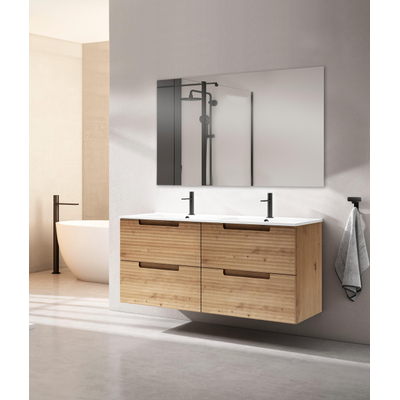 Saniclass Prime Balance Badkamermeubelset - 120x55x45cm - 2 ovale keramische wasbakken wit - 2 kraangaten - 4 lades - rechthoekige spiegel - rustiek eiken