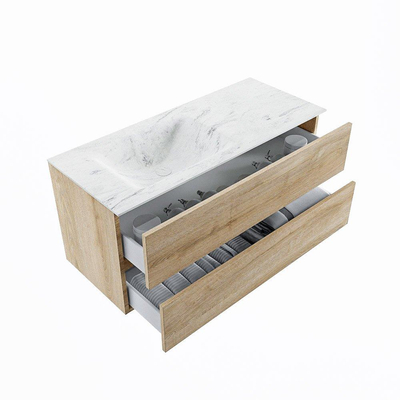 MONDIAZ VICA-DLUX Ensemble meuble de salle de bains - 110cm - meuble bas Washed oak - 2 tiroirs - lavabo encastré cloud à gauche - 1 trou de robinet - version haute 60cm - Opalo