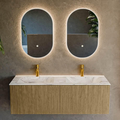 Mondiaz KURVE-DLUX Badkamermeubelset - 130x46x40cm - 2 lade - wastafel solid surface - dubbel - 2 kraangaten - Dusk