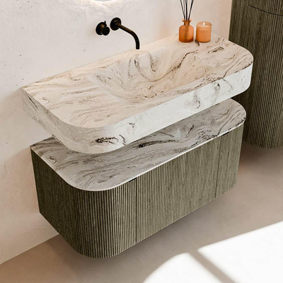 MONDIAZ THOR-DLUX 100cm meuble de salle de bains arrondi gauche + droite couleur Shadow avec 1 tiroir et 2 portes. Vasque suspendue CLOUD Milieu sans trou de robinet couleur Glace.