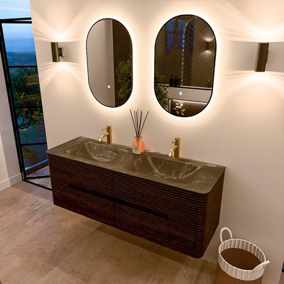 Mondiaz CIRO-DLUX Badkamermeubelset - 140x45x50cm - Solid surface wastafel Lava - 2 wasbak Dubbel - 2 kraangaten - 4 lades - Walnut