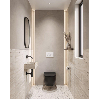 QeramiQ Dely Ensemble de toilette - réservoir encastré Qeramiq Flush - abattant 35mm - plaque de commande en pierre naturelle marbre blanc - boutons ronds - noir mat