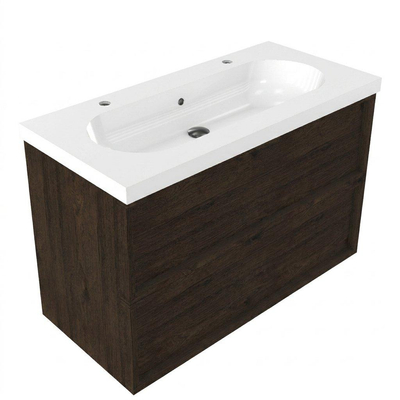 Saniclass Holz Frame Ensemble meuble de salle de bains - 100x45x63.5cm - lavabo en céramique Palermo blanc - 1 vasque - 2 trous de robinetterie - 2 tiroirs - chêne charcoal mat (bois)