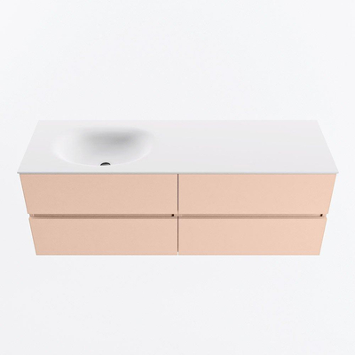 MONDIAZ VICA Ensemble meuble de salle de bains - 140cm - meuble bas rosee - 4 tiroirs - vasque moon gauche - sans trous de robinet - version haute 60cm - talc