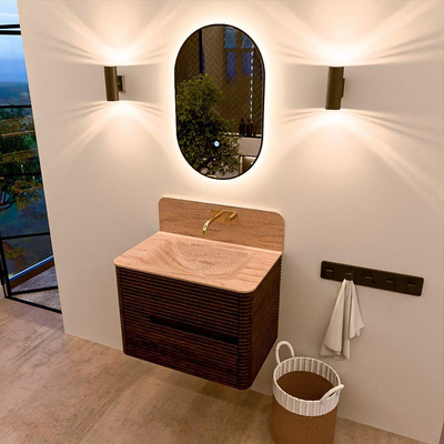 Mondiaz CIRO-DLUX Badkamermeubelset - 70x45x50cm - Solid surface wastafel Saba - 1 wasbak Midden - zonder kraangaten - 2 lades - Walnut