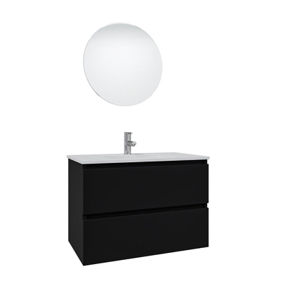Adema Chaci Meuble salle de bain - 80x46x55cm - 1 vasque en céramique blanche- 1 trou de robinet - 2 tiroirs - miroir rond avec éclairage - noir mat